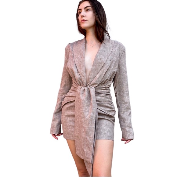 PrettyLittleThing PLT Label Taupe Linen Look Cinched Waist Blazer Mini Dress 6 - Picture 1 of 12